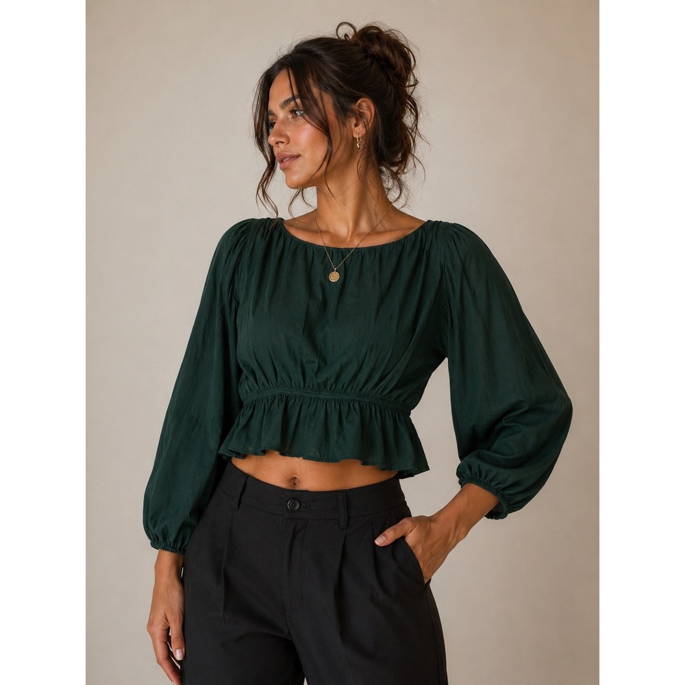 Böhme Peasant Crop Top Cottagecore Boho Romantic Dark Green Viscose Linen Small